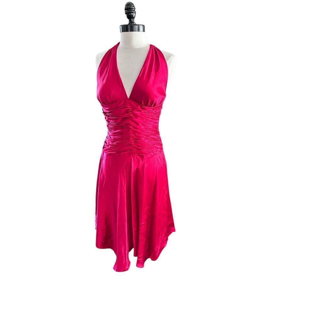 Cache Women's Red 100% Silk Satin Halter Neckline Tie Back Midi Dress Size 6